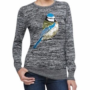 French Connection Sequin Bird Sweater Medium Grey Marled Knit Cotton
